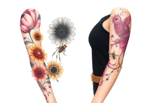 Create a design full sleeve arm tattoo with Tulip 
Sunflower 
Roses 
Bee 
Water 
Fire 
Earth 
Wind 
Phoenix 
Evil eye 
888 tattoo idea