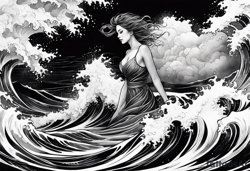 stormy sea waves, full-length woman in the middle of the storm tattoo idea