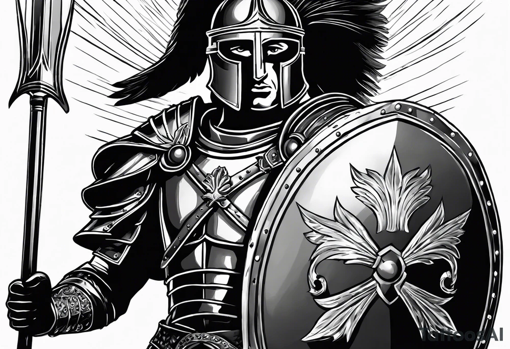 high quality black and white illustration, full body image, a strong tall roman centurion, wearing armour, wearing a belt, wearing a metal breastplate, holding a large shield, wearing a helmet, holding a sword. Flaming arrows are being fired at the centurion, he is blocking the arrows with his shield tattoo idea