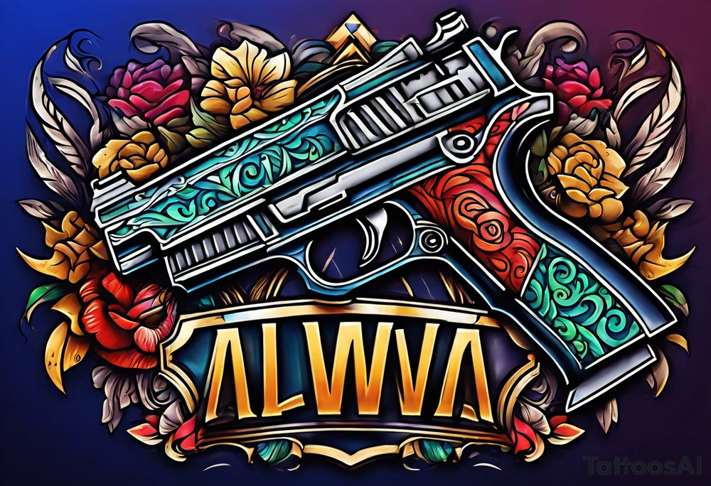The letters AR with a pistol on each side and the word always on the top and the word ready on the bottom tattoo idea