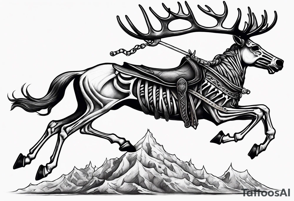 front view of Death riding on a reindeer skeleton tattoo idea