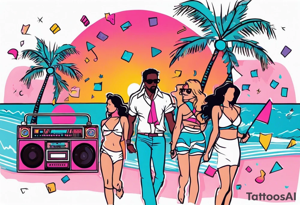 1980's miami vice style beach dance 
party, include confetti, music notes, boom box, bikinis sunset in the center tattoo idea