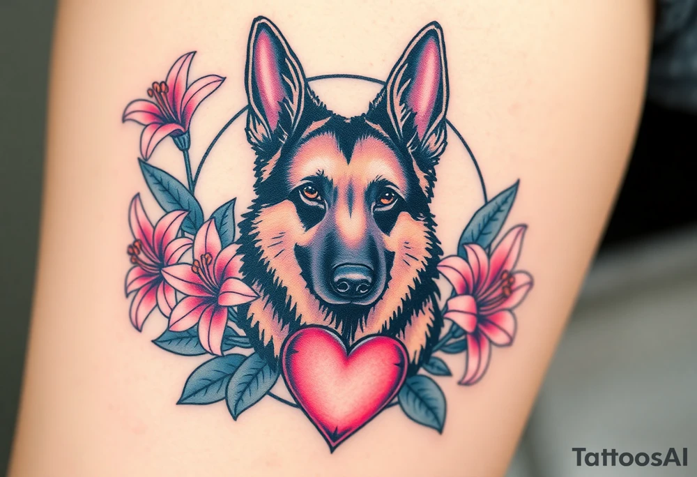 strong short haired german shepherd with alert ears surrounded by pink lilies with large leaves with a sacred heart below tattoo idea