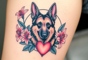 strong short haired german shepherd with alert ears surrounded by pink lilies with large leaves with a sacred heart below tattoo idea
