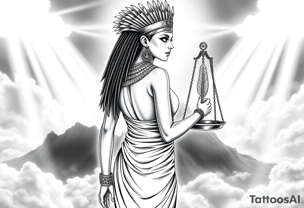 beautiful Egyptian goddess stands with her back slightly turned, accentuating her figure. Wearing a silk gown. She wears an elaborate ostrich feather headdress and ornate, intricate ancient Egyptian jewelry draped across her body. Her expression is mysterious and confident. In one hand, she holds the Scales of Justice: one side holds a radiant, glowing heart; the other, Ma’at’s feather. The scales themselves shimmer with an otherworldly light.
The background is a surreal, heavenly landscape filled with luminous clouds and beams of divine light piercing through, creating dramatic contrasts of deep shadows and highlights. The entire scene is bathed in an ethereal, mystical glow, with a dreamlike, almost supernatural atmosphere. tattoo idea