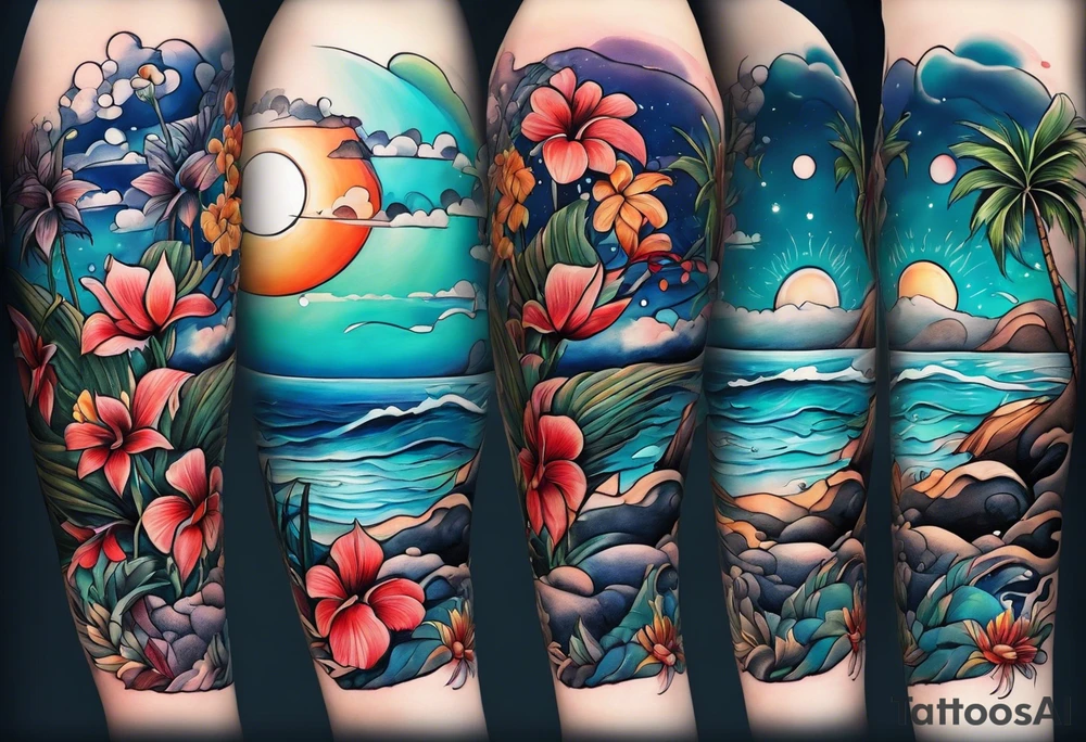 sea,, night, flower, palm, tattoo idea