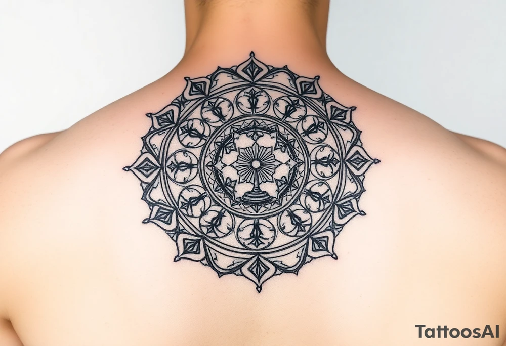 1. The Story Mandala
	•	A circular mandala design spreading across the shoulder.
	•	Each ring or quadrant holds a symbol of you:
	•	Geisha (Japan + your back tattoo tie-in).
	•	Rose (favorite flower, vibration/energy).
	•	Scales with a heart + key (finance, love, duality).
	•	World map silhouette (travel and global perspective).
 
On the shoulder tattoo idea