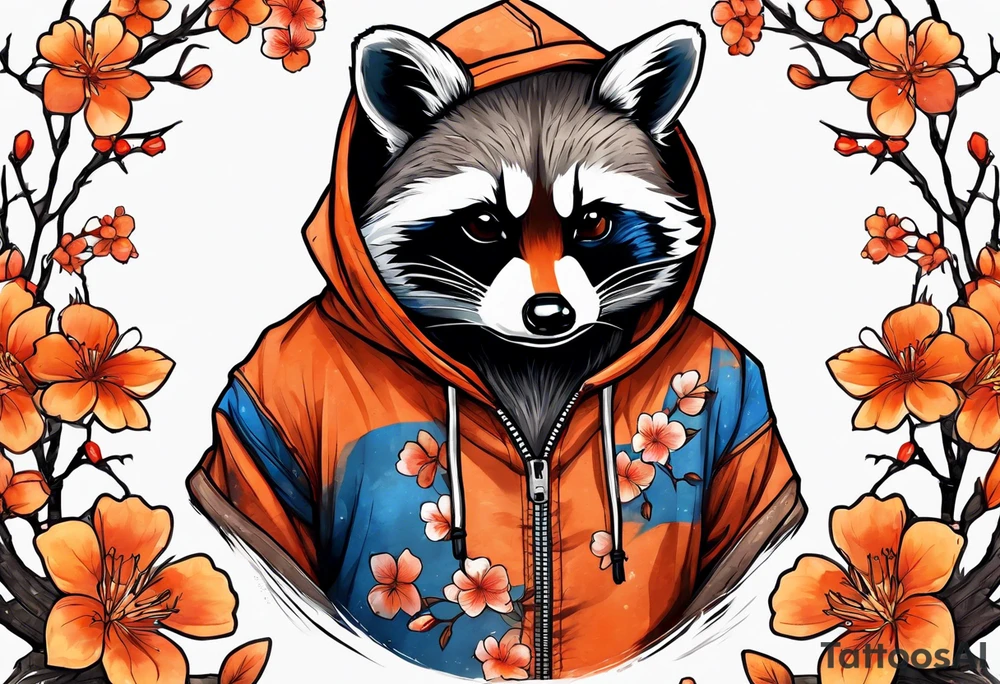 raccoon wearing a Superman hoodie with orange Japanese cherry blossoms tattoo idea