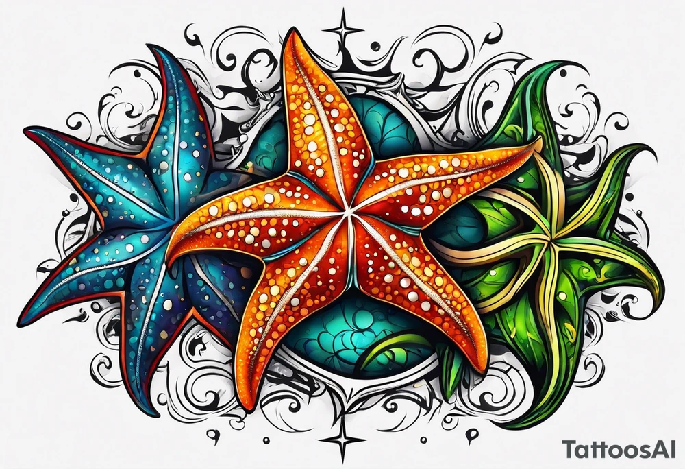 set of 3 star fish of with 3 different bright colors and 3 different shapes tattoo idea