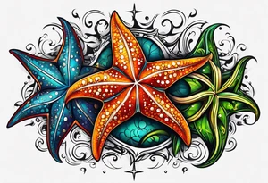 set of 3 star fish of with 3 different bright colors and 3 different shapes tattoo idea
