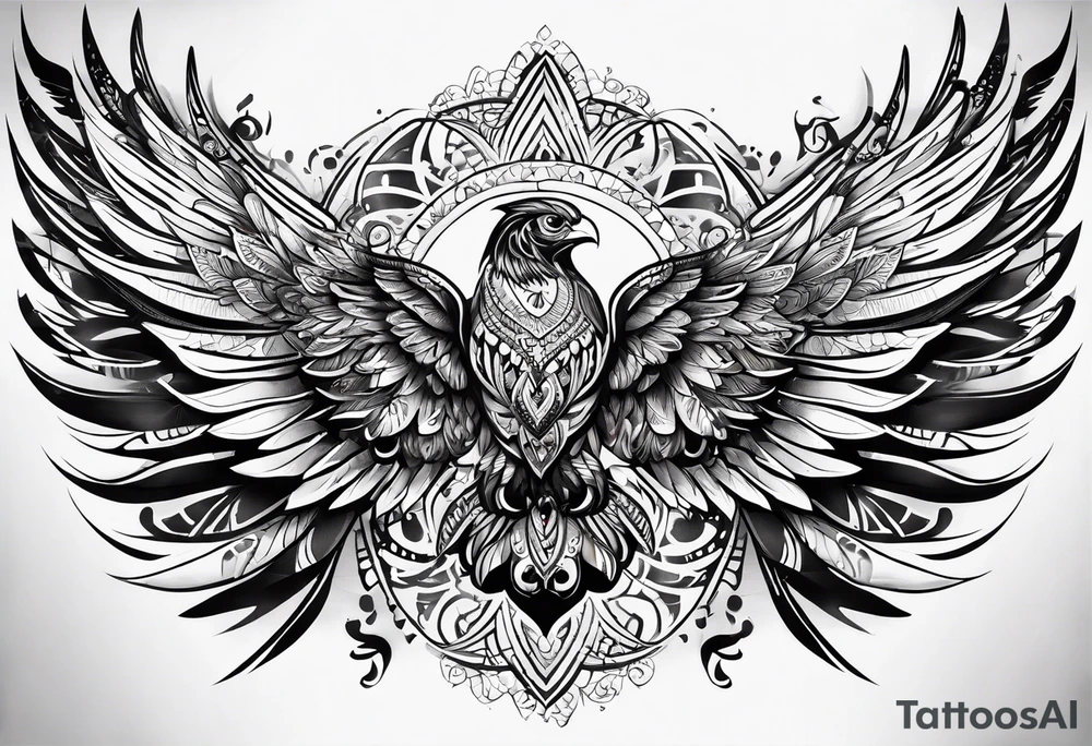 wings sleeve with filigree and african tribal patterns tattoo idea
