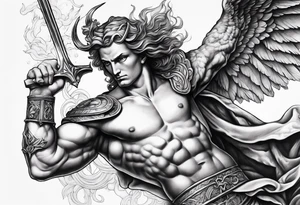 Arm sleeve of St Michael fighting the devil tattoo idea