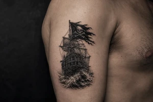 Detailed pirate ship stern, waves crashing over deck, tattered Jolly Roger flag. tattoo idea