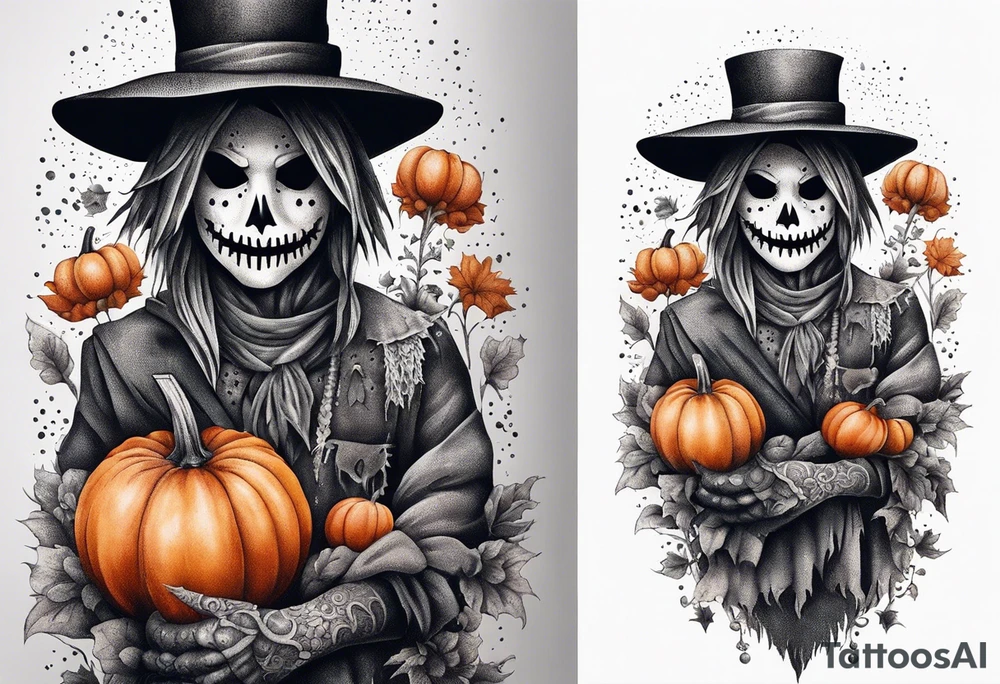 Scarecrow with pumpkins and flowers tattoo idea