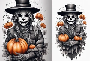 Scarecrow with pumpkins and flowers tattoo idea