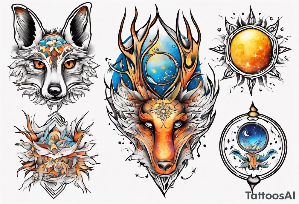 fisch, fuchs und eule , symetrie  sonne, universum, bunt, " sapere aude" tattoo idea