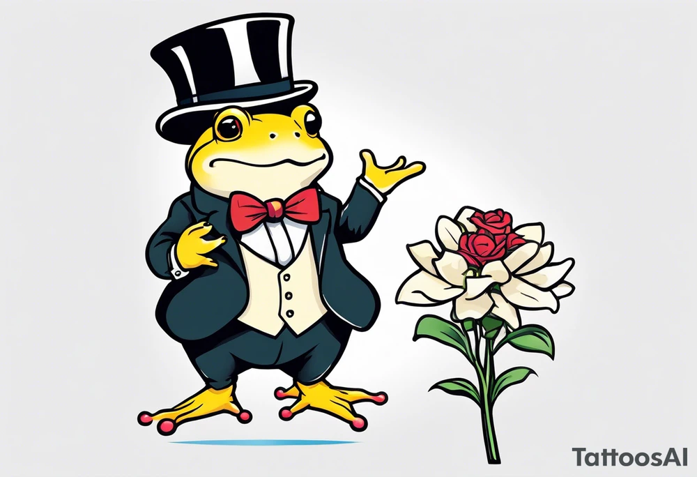 Cute toad standing on back legs  in a top hat and a formal suit holding flowers to go on a date tattoo idea