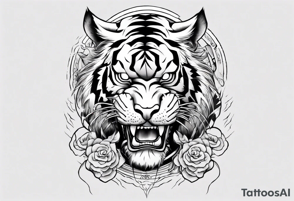 tiger warrior with lightning and the sun for a forearm sleeve tattoo idea