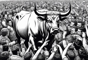 Large bull with horns busting through crowd of people tattoo idea