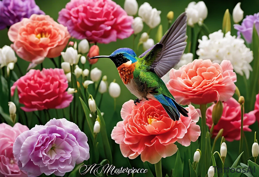 Humingbird made out of Carnation, Snowdrop, Violet, Primrose, Daffodil, jonquil, Lily of the Valley, Hawthorne, Rose, Honeysuckle, Larkspur, Water Lily, Gladiolus & Poppie, Aster, Morning Glory, Chrysanthemum,  Peony, Holly, Narcissus tattoo idea