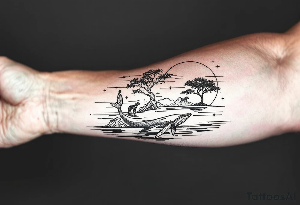 Fine line powerful ocean half sleeve with a wave, a whale, a Joshua tree, and a dog as separate elements connected by geometric patterns tattoo idea Fine line powerful ocean half sleeve with a wave, a whale, a Joshua tree, and a dog as separate elements connected by geometric patterns tattoo idea