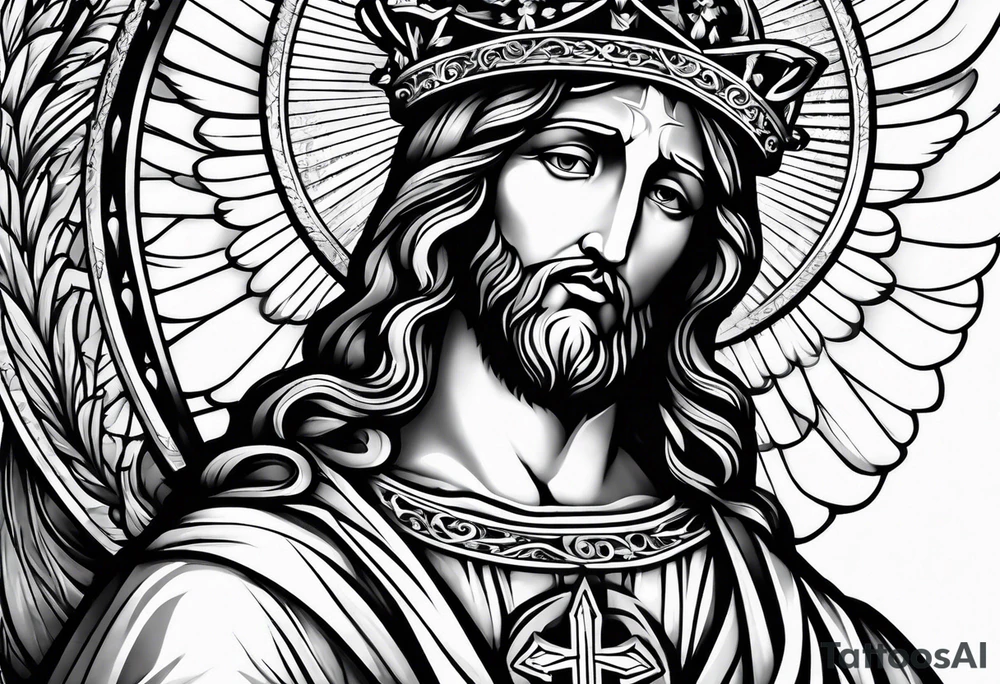 Black and white Jesus cross and angels tattoo idea