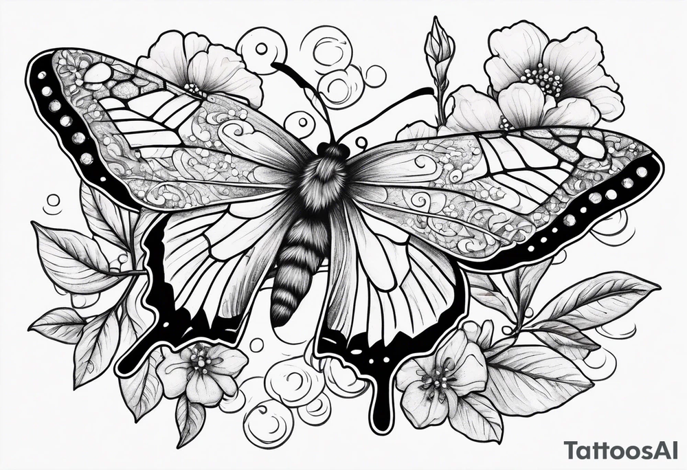 Winding branches and leaves and tiny flowers with a small moth and bubbles tattoo idea