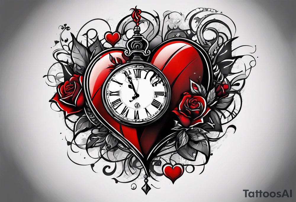 broken heart with clock in middle.
Clock hands on 8 and 5.
Never Say Never written on tattoo tattoo idea