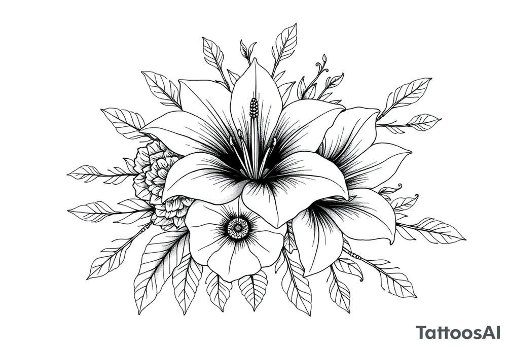 floral composition for sleeve of lycoris flowers with japanese vibe, mutiple ornemental patern and leaf, dot geometric ornement, tattoo idea