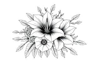 floral composition for sleeve of lycoris flowers with japanese vibe, mutiple ornemental patern and leaf, dot geometric ornement, tattoo idea