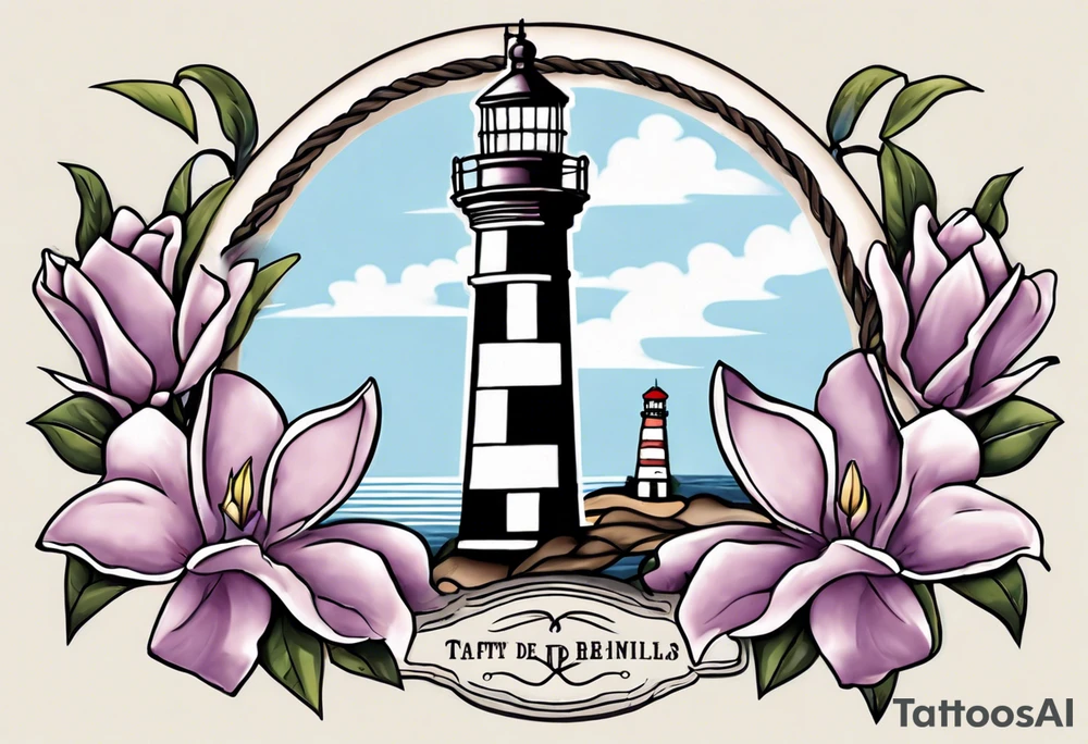 tattoo of a light house bordered by magnolia flowers and rope. Behind the light house is a periwinkle blue cancer ribbon tattoo idea