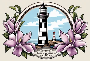 tattoo of a light house bordered by magnolia flowers and rope. Behind the light house is a periwinkle blue cancer ribbon tattoo idea