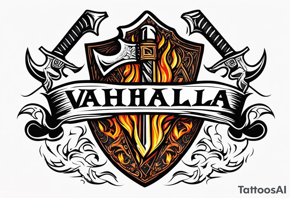 valhalla on fire sword shield axe tattoo idea