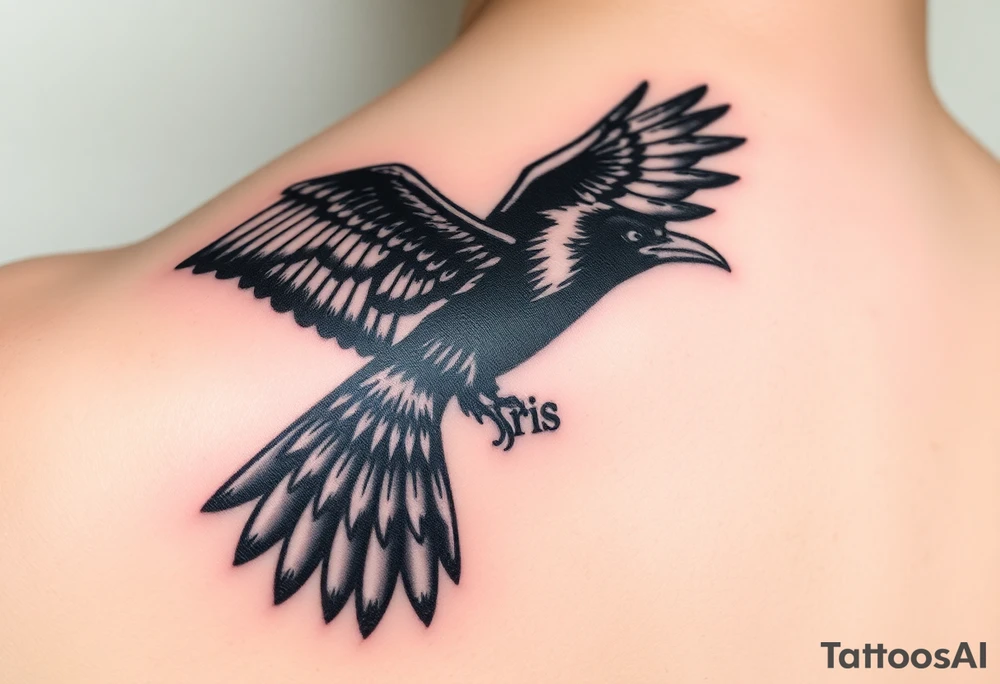 A detailed raven in mid-flight, wings spread wide with intricate feather patterns, symbolizing Tris’s journey, representing sci fi movie Divergent and name TRIS tattoo idea