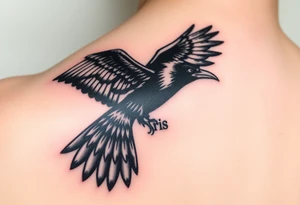 A detailed raven in mid-flight, wings spread wide with intricate feather patterns, symbolizing Tris’s journey, representing sci fi movie Divergent and name TRIS tattoo idea