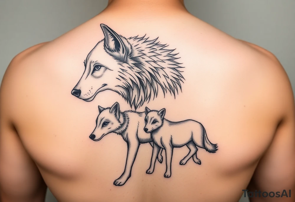 A solitary yet sublime and noble wolf and its progeny. tattoo idea