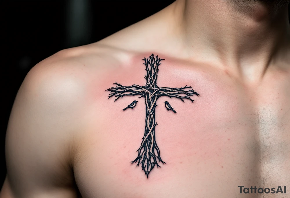 A forest-inspired Celtic cross made of intertwining tree branches, with small birds perched along its arms. tattoo idea