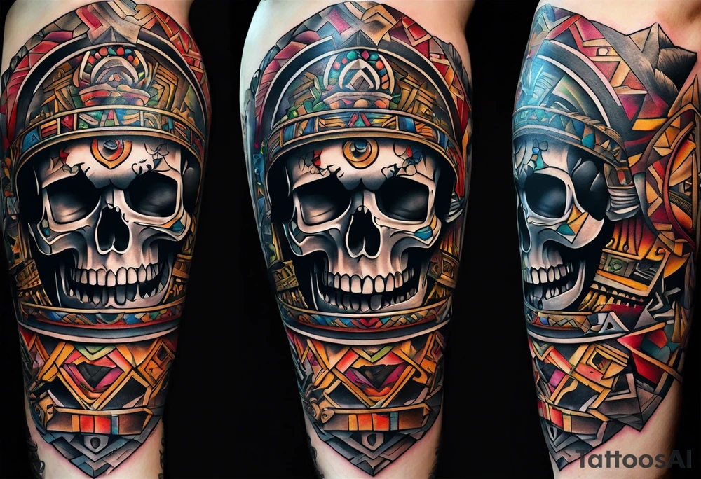 Knee tattoo with skulls and mayan symbols tattoo idea