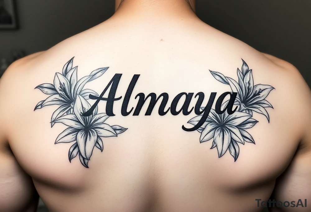 The name Almaya surrounded by Lilies. I want this on my ribs tattoo idea