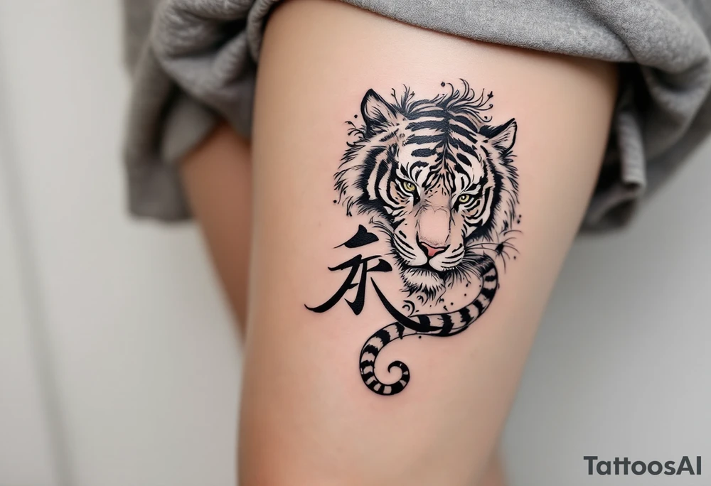Character 力 (lì, “strength”) in dark gray pairs with a tiger to emphasize inner and outer power. tattoo idea