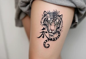 Character 力 (lì, “strength”) in dark gray pairs with a tiger to emphasize inner and outer power. tattoo idea