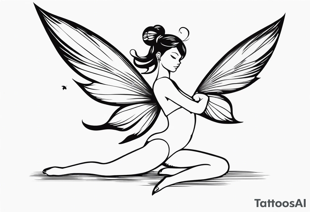 Minimalistic, monochromatic fairy with a tail flying to the left in a fetal position, leaning and looking in the same direction, with visible hands, embodying the 'Fairy Tail' logo aesthetic. tattoo idea