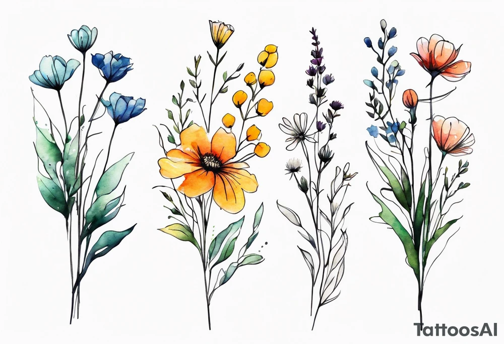 wild flowers long stems bouquet all watercolor tattoo idea