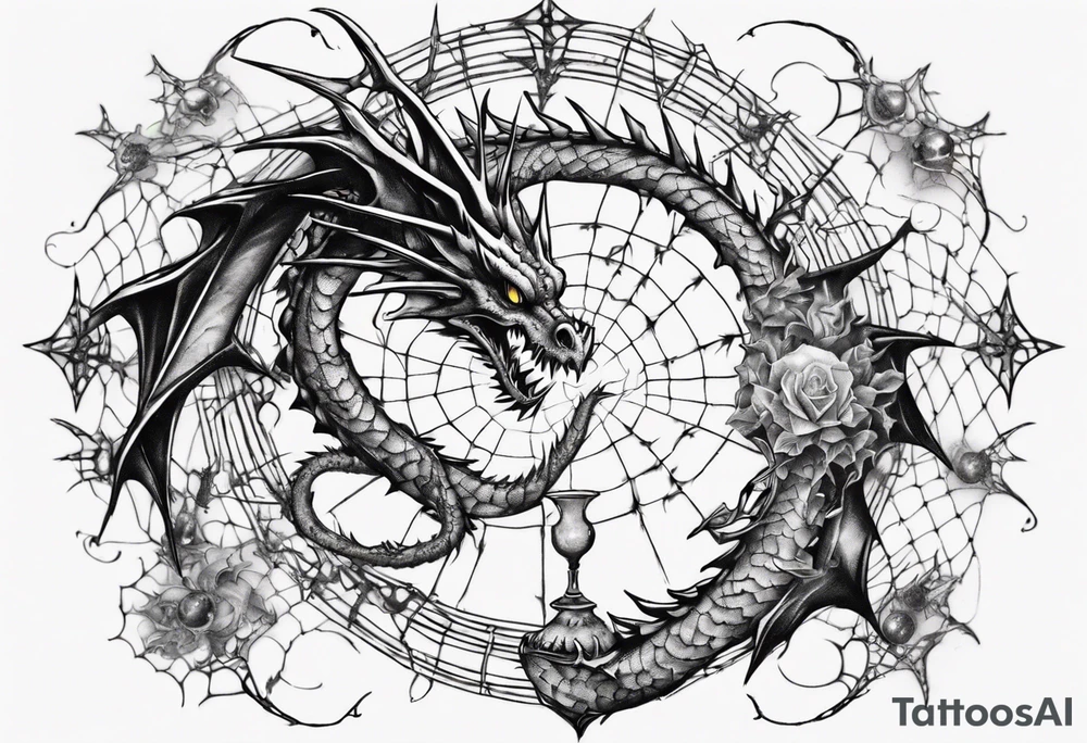Dragon in a spiral spiderweb with jewels and shattered chalices and one spider tattoo idea