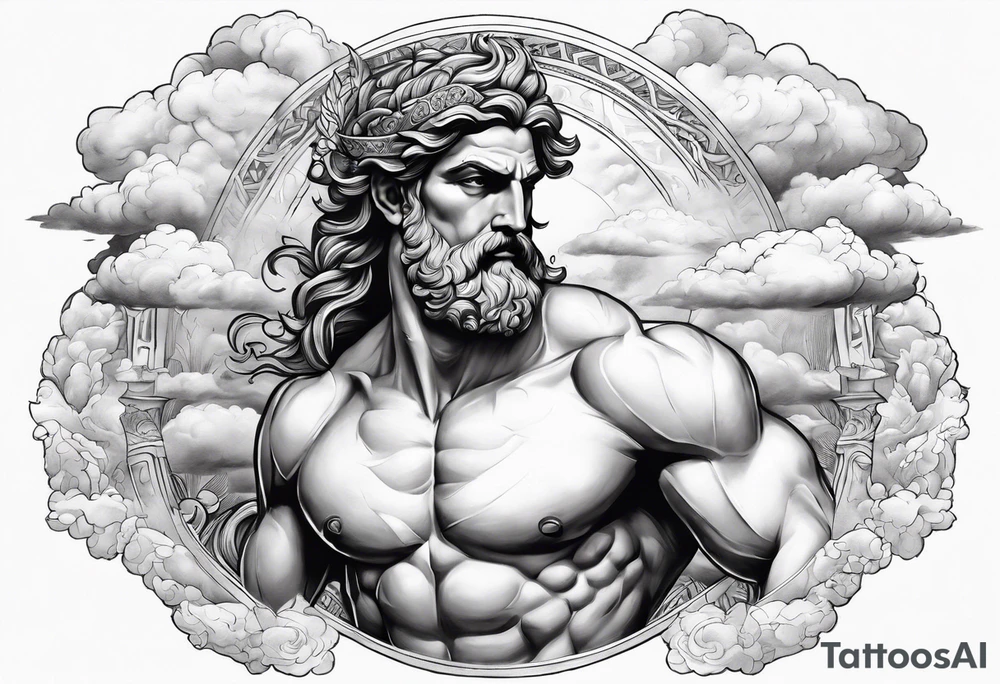 A full-length Greek god in the clouds tattoo idea