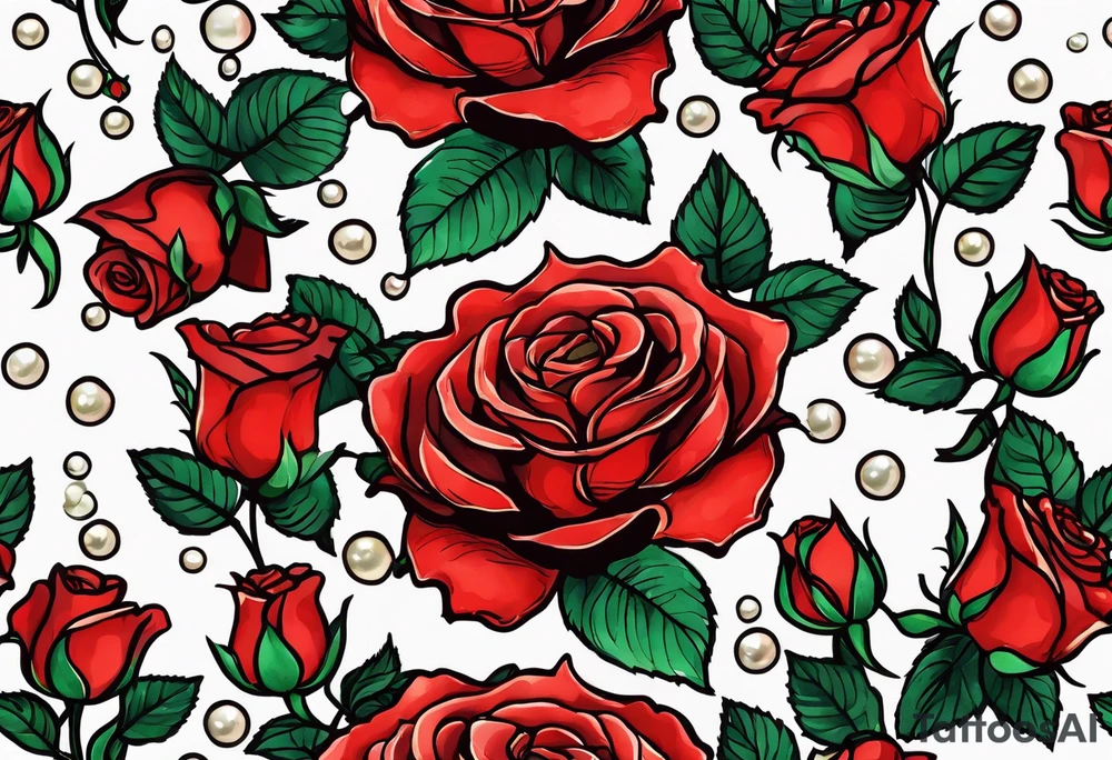Red roses with pearls hanging tattoo idea