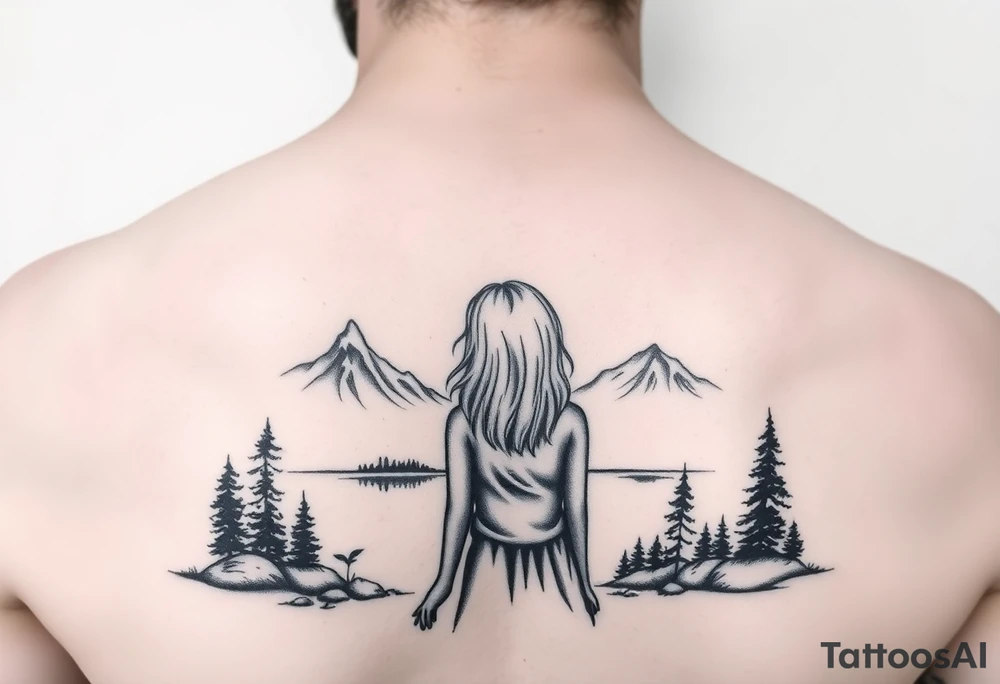 Little blond girl in front of a lake and mountain tattoo idea