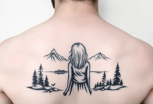 Little blond girl in front of a lake and mountain tattoo idea