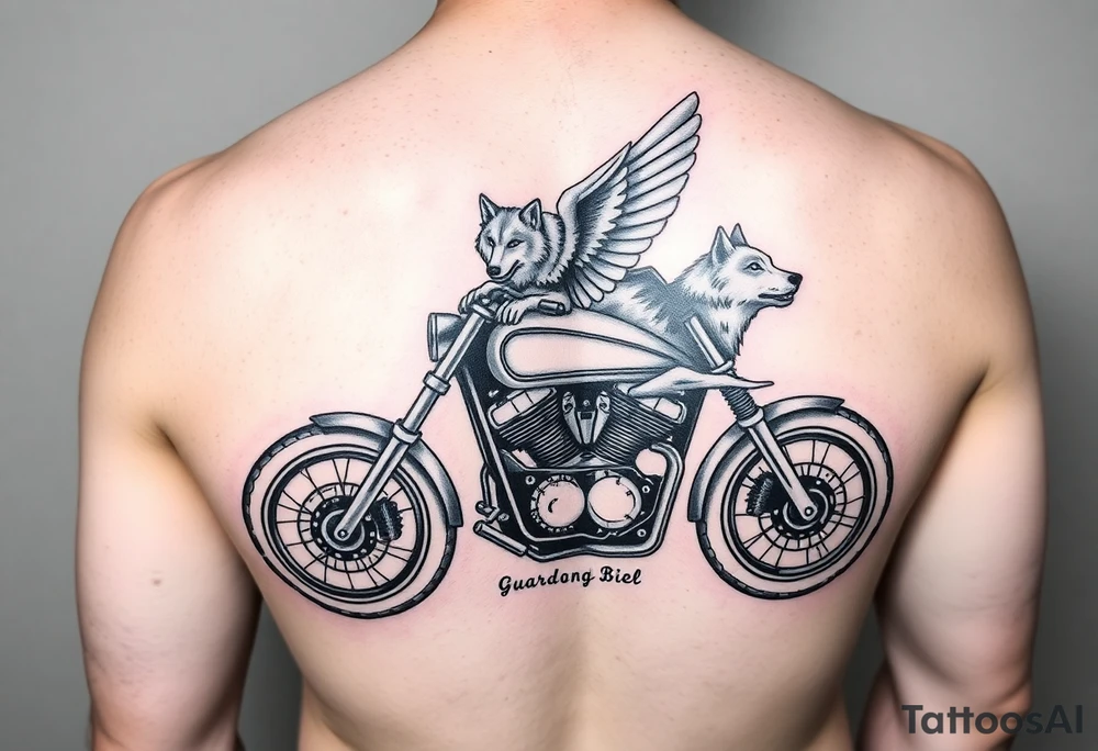 a motorcycle on it with guardian angel wolves on the bike tattoo idea