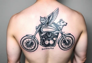 a motorcycle on it with guardian angel wolves on the bike tattoo idea